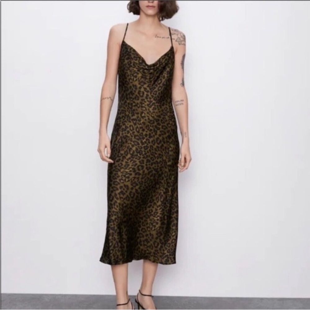Zara blogger favorite leopard silk slip midi dress xs